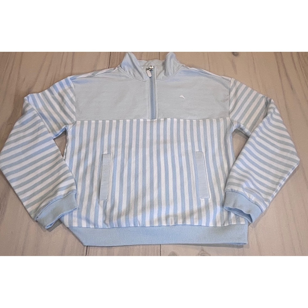 Tommy Bahama Kids Large 10/12 Light Blue White Striped‎ 1/4 Zip Pullover Sweater